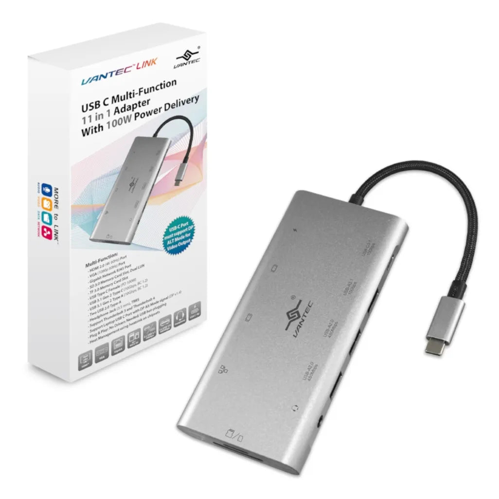 Vantec USB C Hub 2x USB3. 3 x USB2.0 2x 4K HDMI (60Hz); VGA ; Gigabit RJ45; SD & MicroSD reader with PD