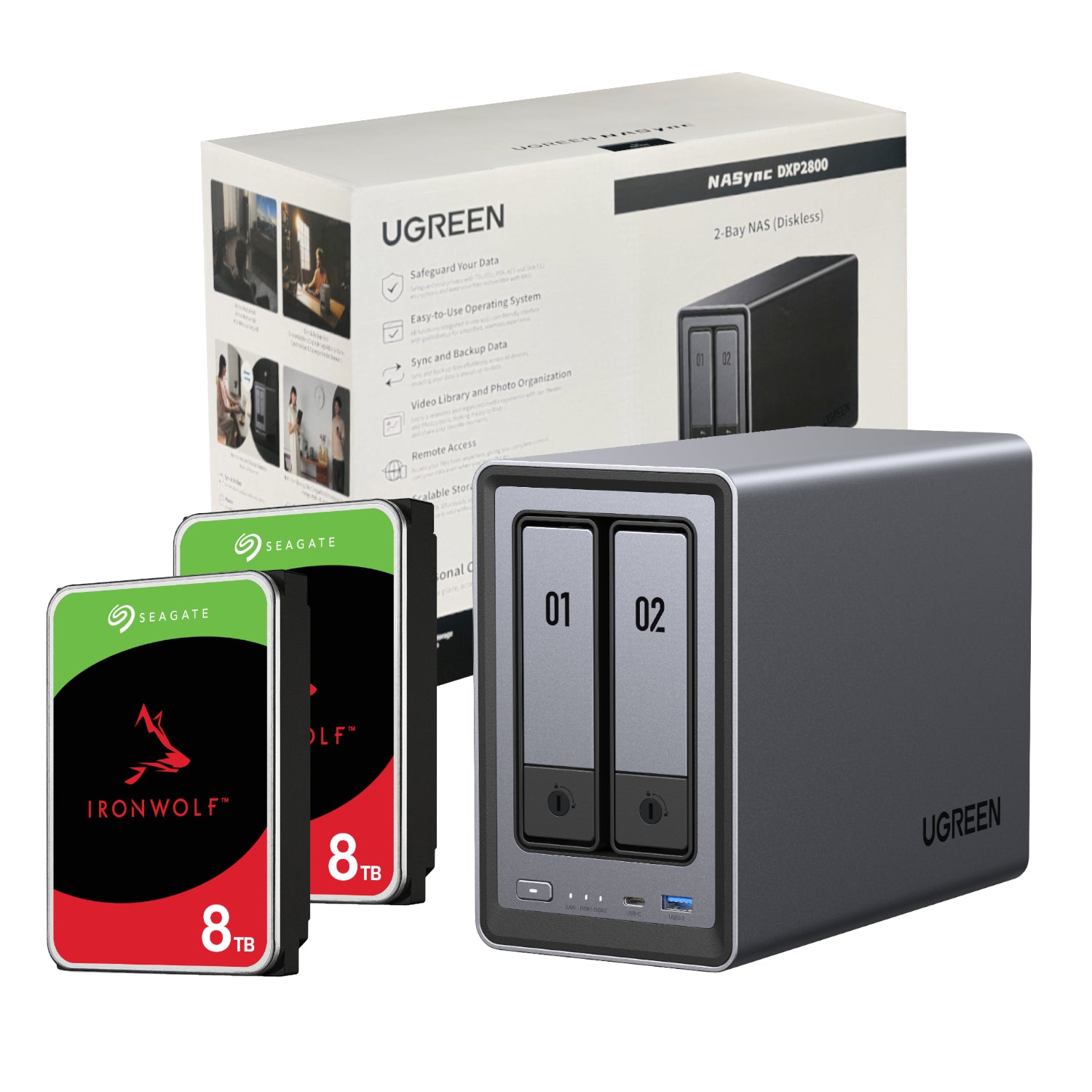 UGreen NASync DXP2800 2 Bay NAS with Seagate Ironwolf NAS 16TB SATA Hard Drive Bundle (2x 8TB)-0