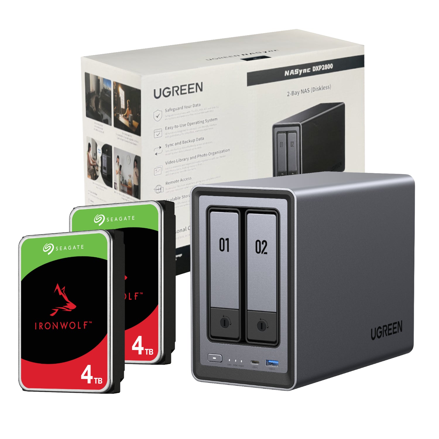 UGreen NASync DXP2800 2 Bay NAS with Seagate Ironwolf NAS 8TB SATA Hard Drive Bundle (2x 4TB)-0
