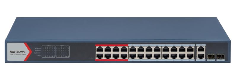 Hikvision L2 Smart Managed Switch 24 10/100M RJ45 PoE ports 2 Gigabit combo ports 802.3af/at PoE power budget 370W Max. 300 meter long distance PoE transmission-0