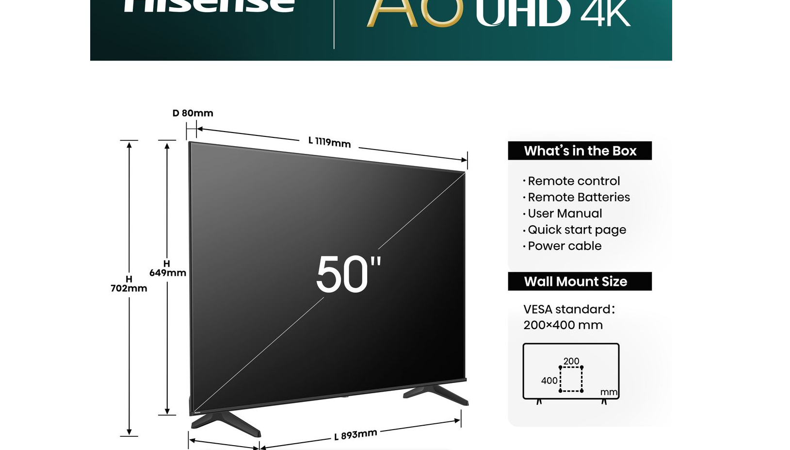 Hisense 50 inch A6N Series Direct LED UHD Vidaa (UNBOXED DEAL)
