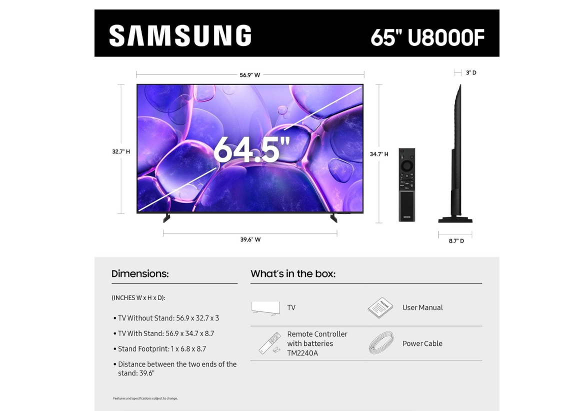 Samsung 65" U8000F 4K Crystal UHD Television Smart - HDR10+, Tizen OS (UNBOXED DEAL)