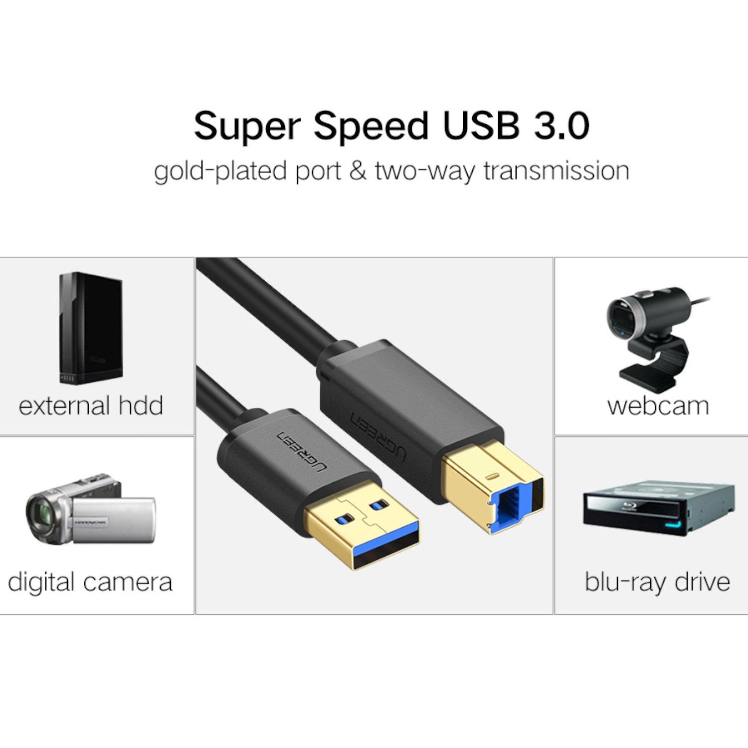 UGreen US210 USB-A Printer Cable 2M - Black-2