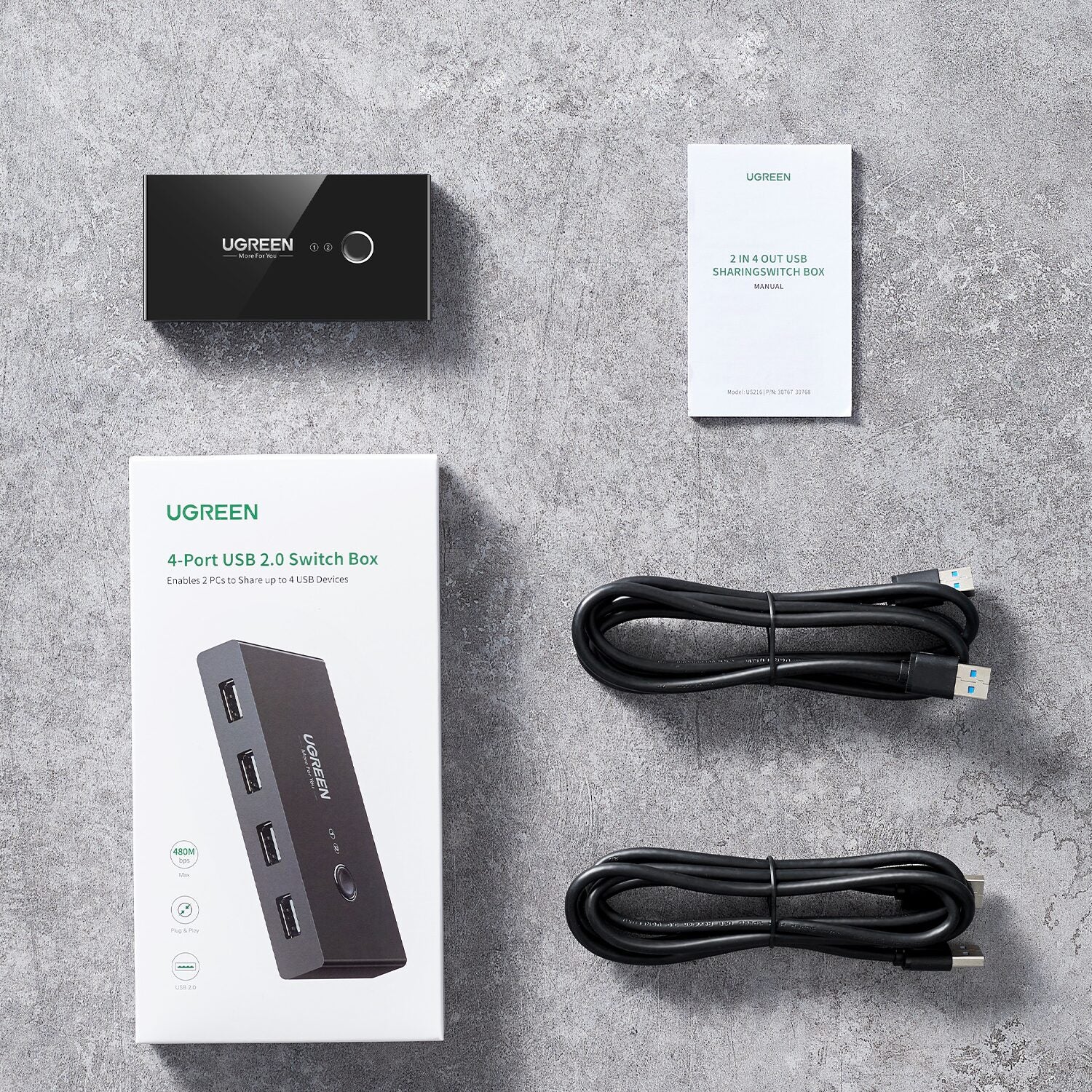 UGREEN USB 2.0 4-Port Switch Box, with 1.5m USB Cables-4