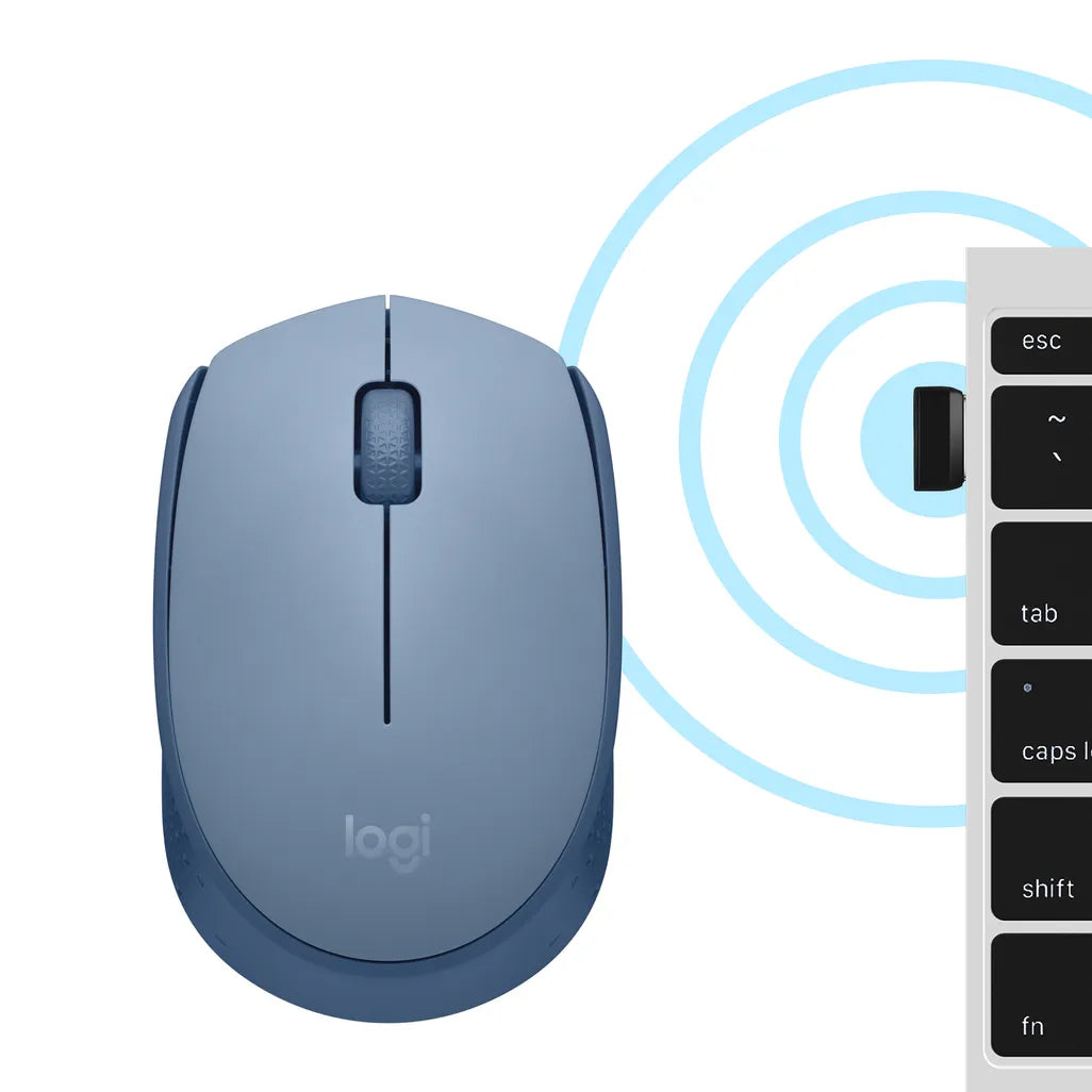 Logitech Wireless Mouse M171 (Blue/Grey) Nano USB receiver 3 buttons optical tracking ratchet wheel 12-month battery life 10m ra