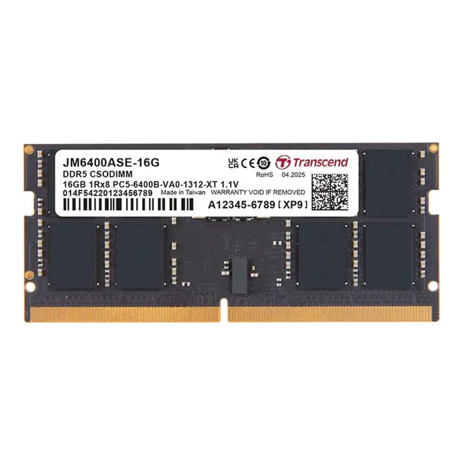 TRANSCEND JET MEMORY 16GB DDR5-6400 Unbuffered NOTEBOOK SO-DIMM 1RX8 CL52 (2Gx8)x8 1.1V