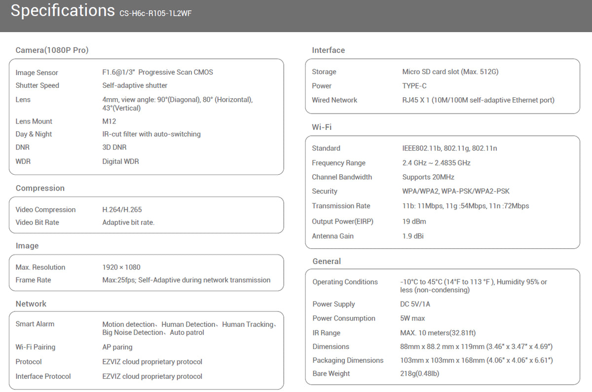 EZVIZ H6C PRO 2MP Color Night indoor One Touch Call Pan&Tilt WiFi Camera