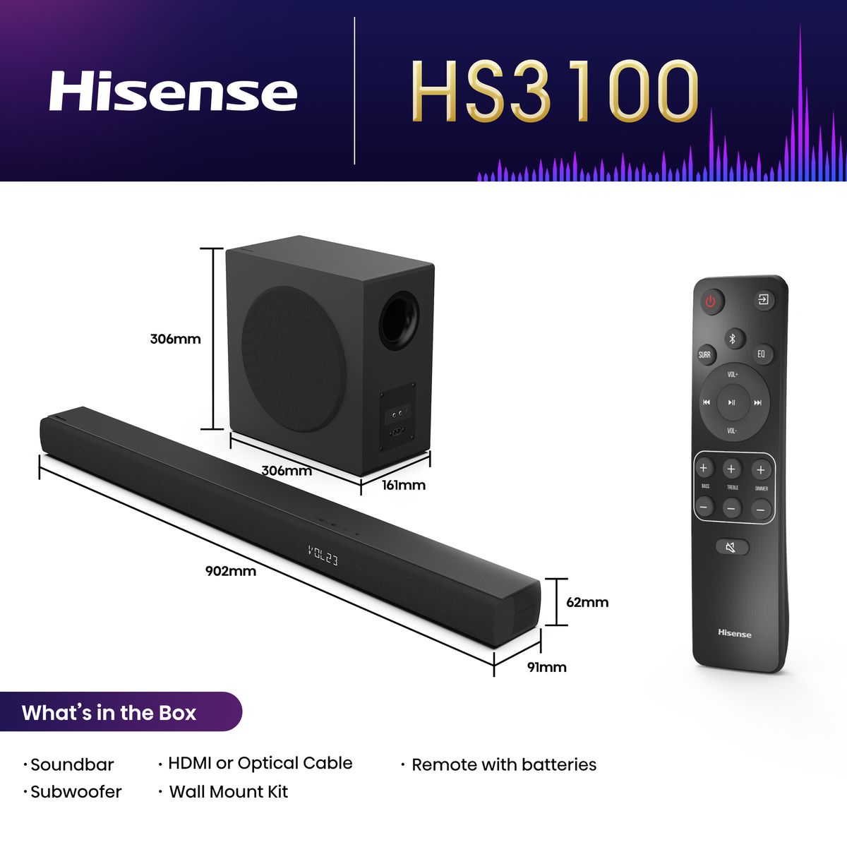 Hisense HS3100 3.1 Channel Soundbar (UNBOXED DEAL)
