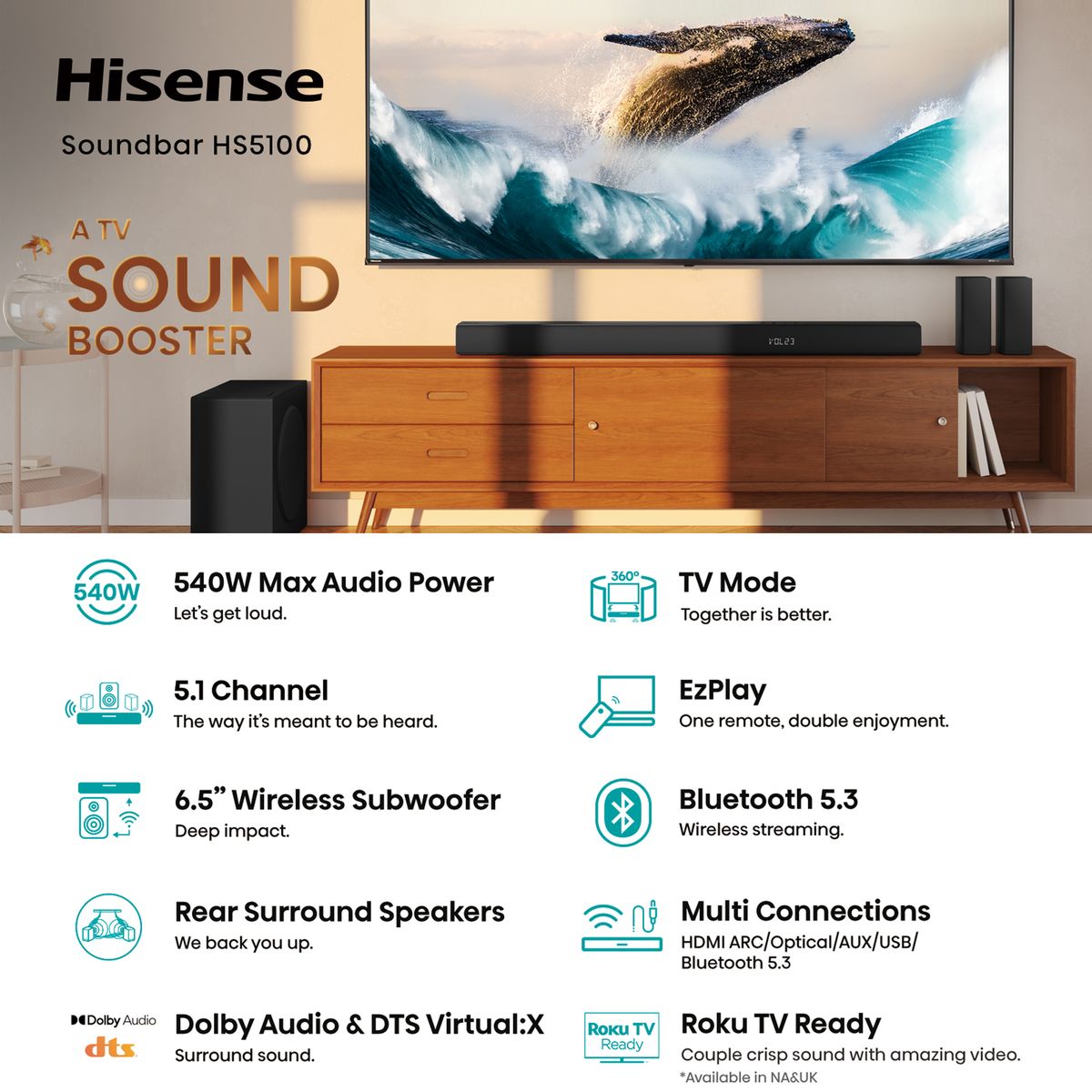 Hisense 540W 5.1 Channel Bluetooth Soundbar with Wireless Subwoofer