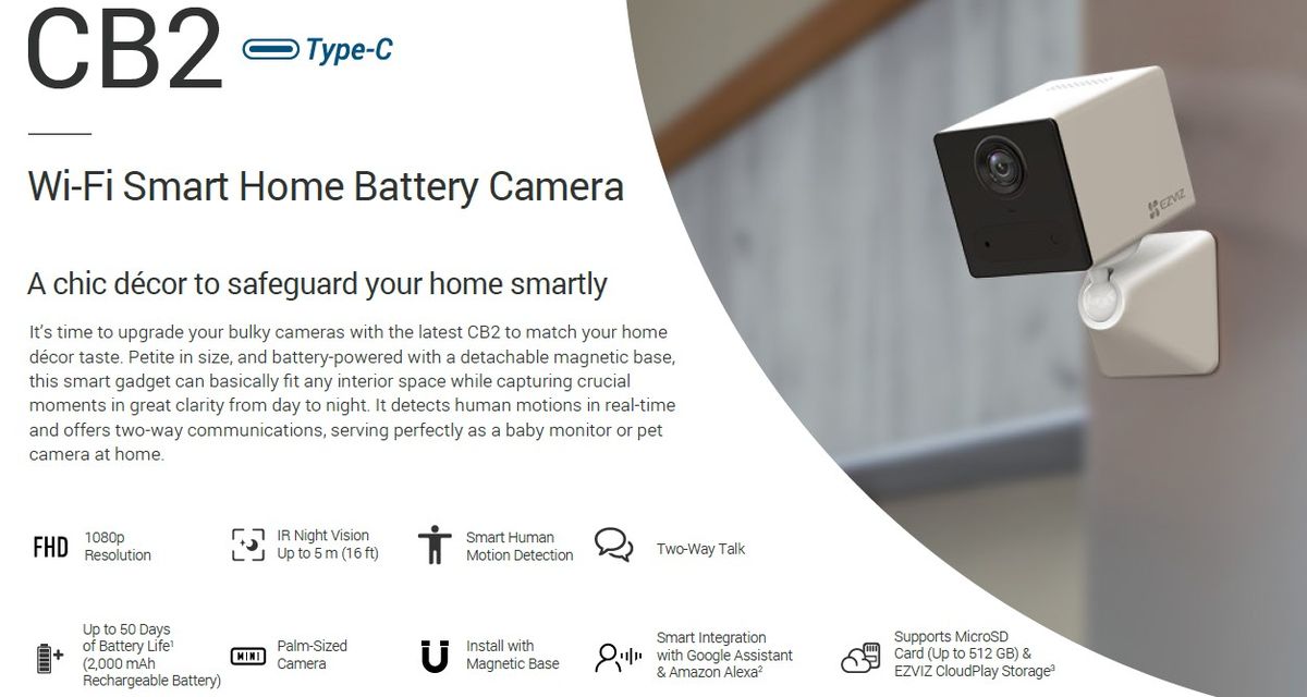 EZVIZ CB2 2MP Wi-Fi Smart Home Battery Camera - BLACK