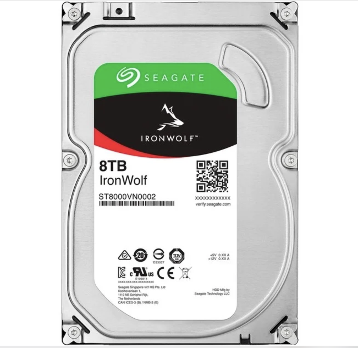 Seagate Ironwolf ST8000VN002 8TB 3.5'' HDD NAS Drives; SATA 6GB/s Interface; 1-8 Bays Supported; MUT: 180TB/Year; RV: Yes; Dual