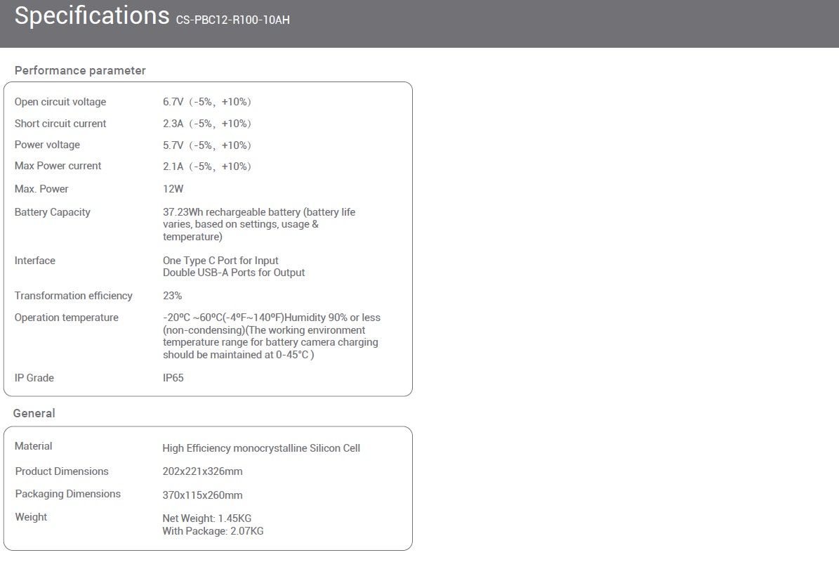 EZVIZ Solar Panel PBC12 (12W) Dual Output With Battery Backup