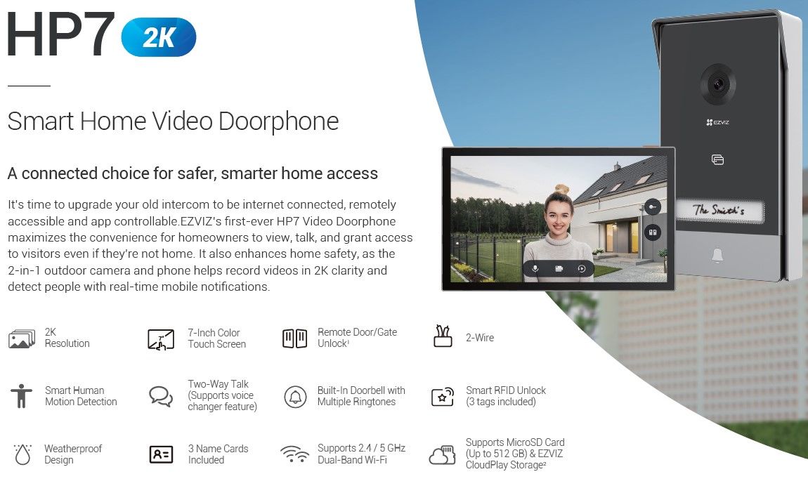 EZVIZ HP7 2K Smart Home Video Doorphone Remote Door/Gate Unlock system