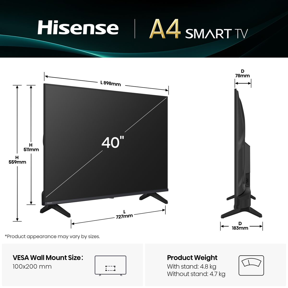 HISENSE LEDN40A4Q FHD 60hz SMART TV; Game Mode; Natural Colour Enhancer; Dolby Audio; Share to TV; Noise Reduction