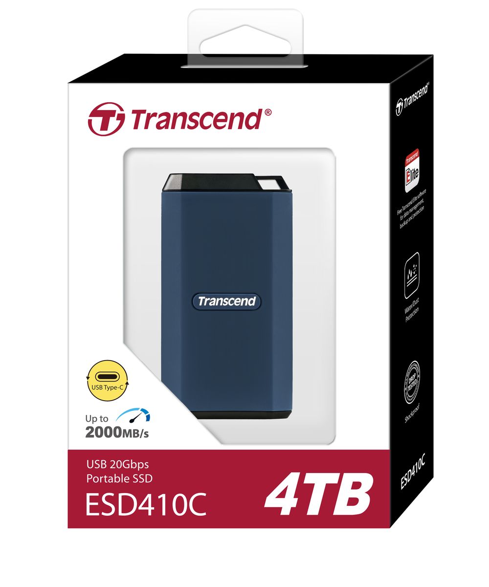 TRANSCEND 4TB ESD410C USB3.2 TYPE C (USB 20Gbps) & A IPX5 Water Resistant & Rugged PORTABLE SSD. R/W up to 2000MB/s