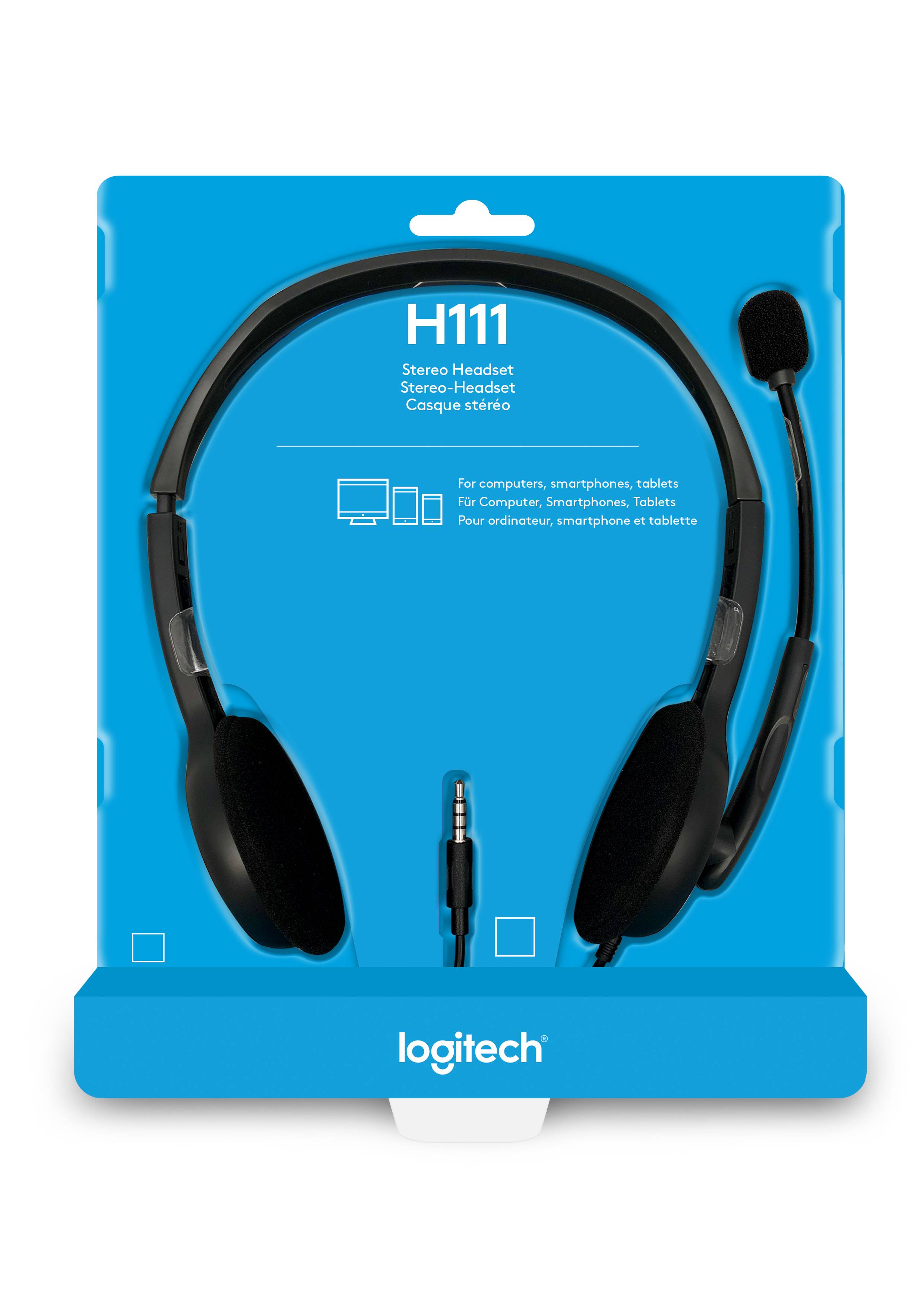 Logitech Headset H111 Analog Stereo Headset One plug Noise Cancelling mic full stereo sound Flexible Rotating Boom Adjustable H