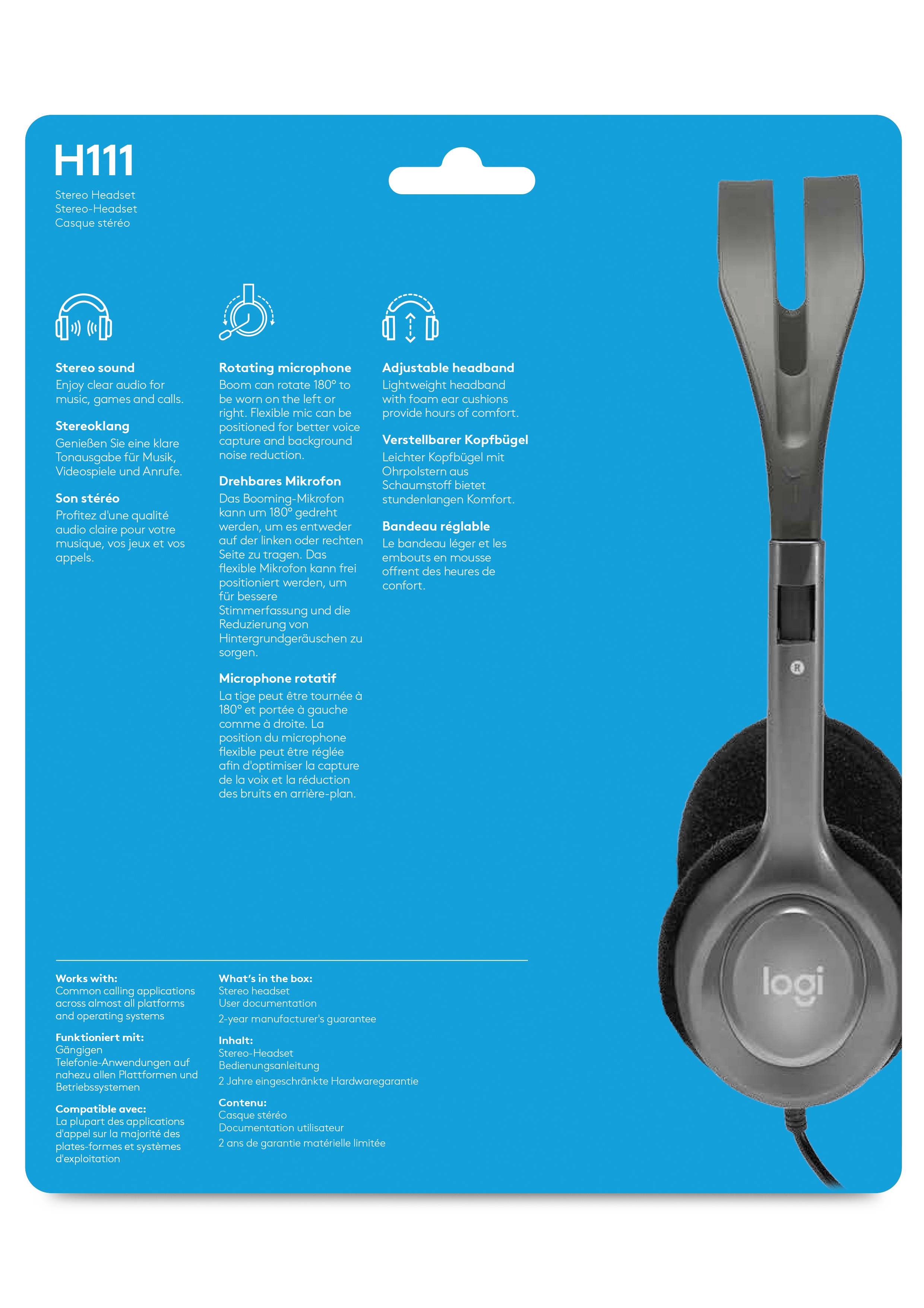 Logitech Headset H111 Analog Stereo Headset One plug Noise Cancelling mic full stereo sound Flexible Rotating Boom Adjustable H