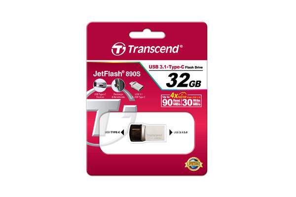TRANSCEND 32GB JETFLASH 890 USB-C & USB 3.1 OTG FLASH DRIVE - SILVER