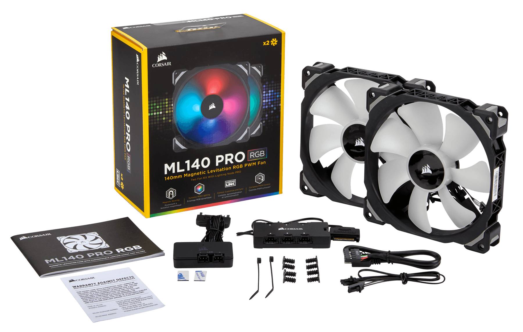 Corsair ML140 PRO RGB LED 140MM PWM Premium Magnetic Levitation Fan - Twin Fan Pack with Lighting Node PRO
