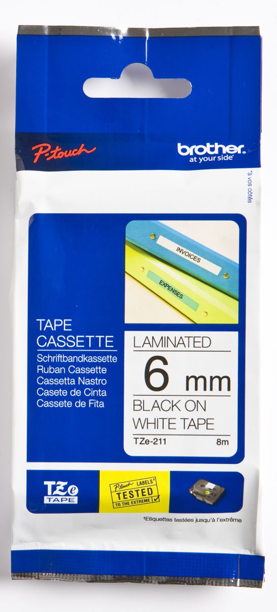 Brother 6MM Black on White Laminated tape