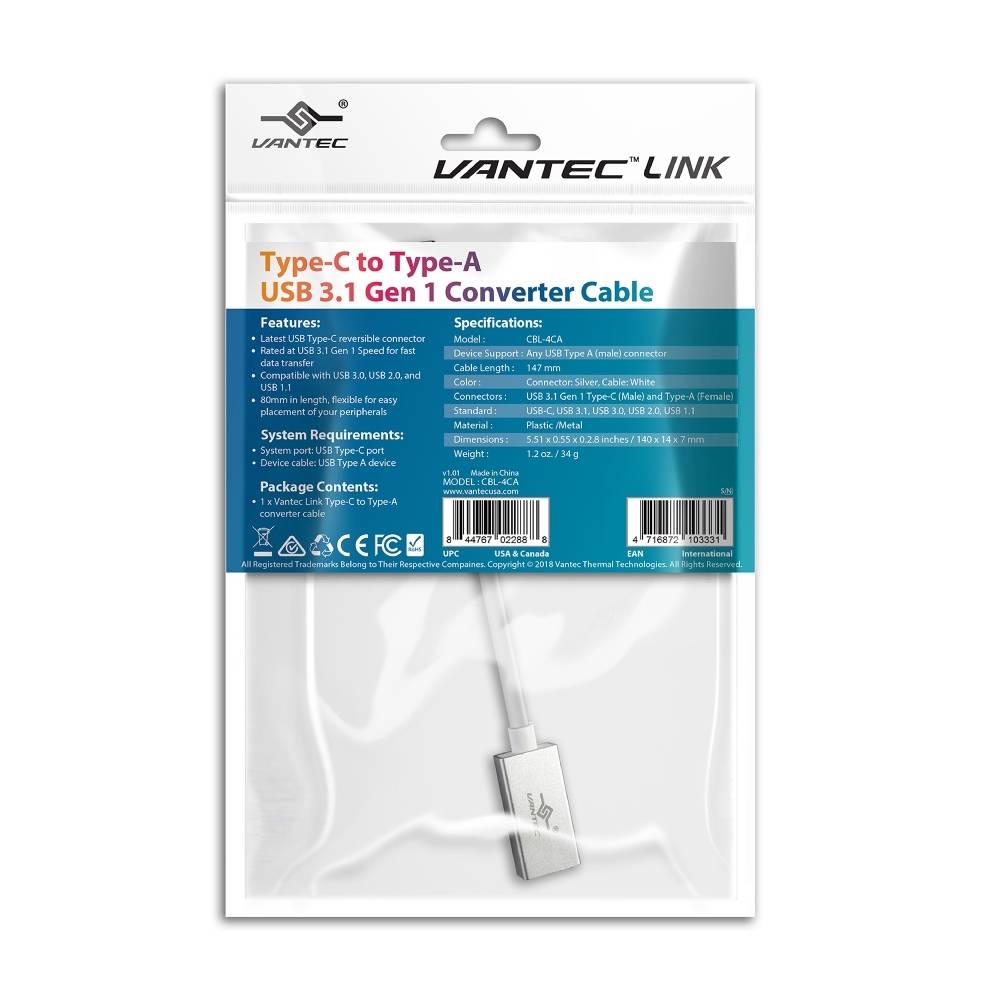 VANTEC CBL-4CA USB TYPE C TO USB TYPE A ADAPTOR DONGLE