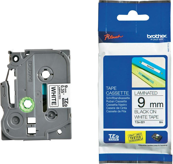 Brother 9MM Black on White Laminated tape