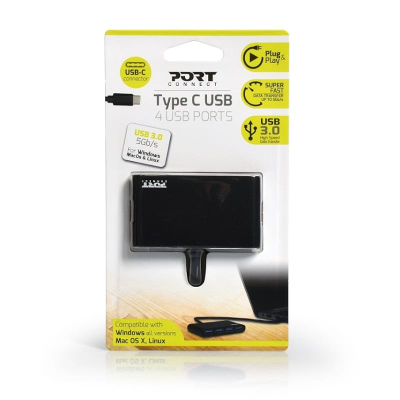 Port USB Type-C to 4 x USB3.0 5Gbps 30cm 4 Port Hub - Black