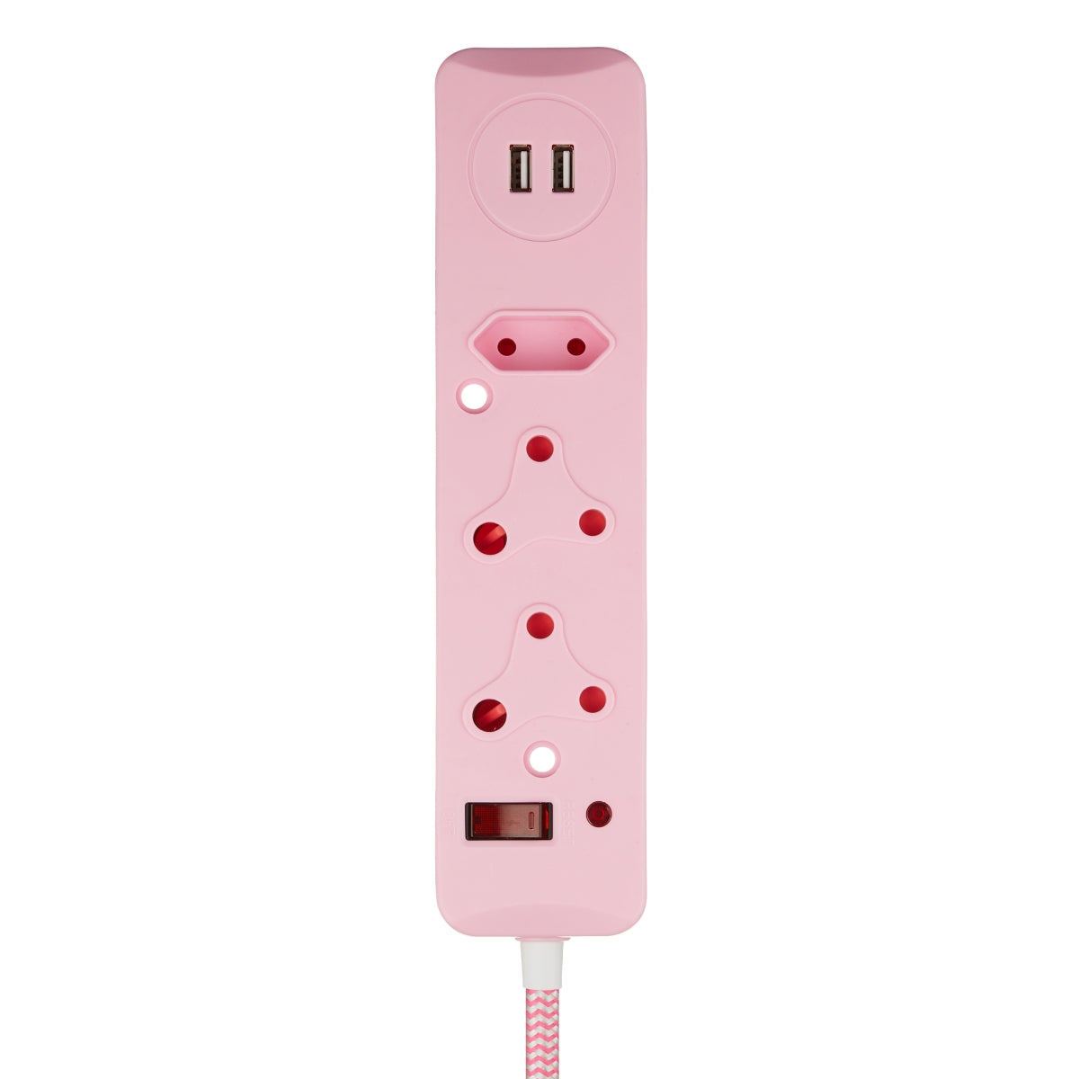 SWITCHED 3 Way Surge Protected Multiplug with Dual 2.4A USB Ports, 3M Braided Cord Pink-0