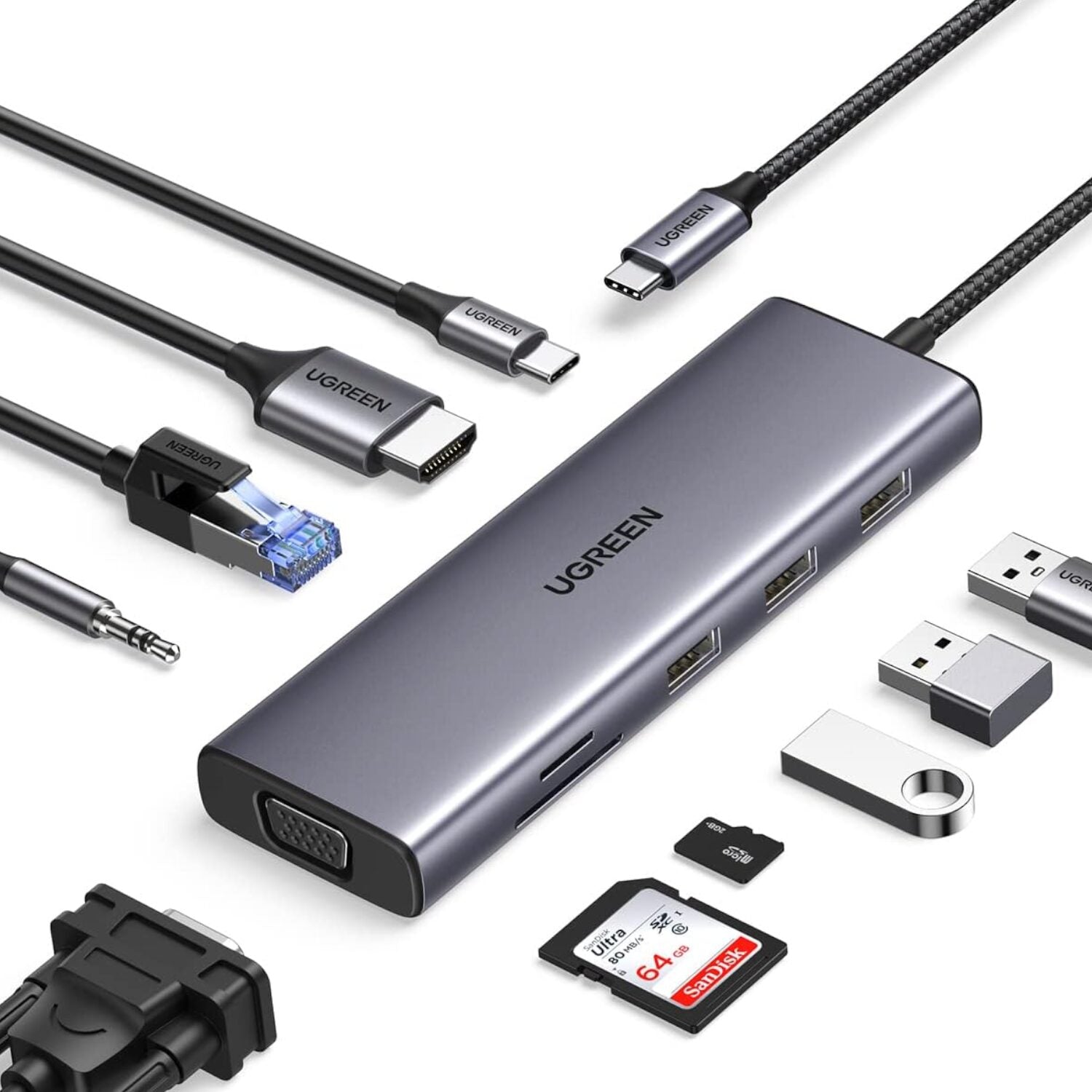 UGREEN 9-in-1 Type-C Hub - SILVER | 3× USB 3.0, 4K HDMI, VGA, RJ45 Gigabit, SD/TF, PD Charging - CM498-1