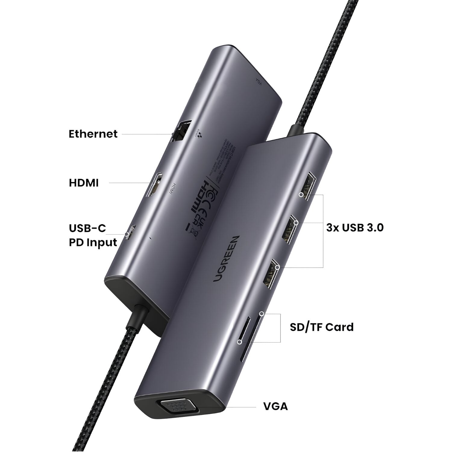 UGREEN 9-in-1 Type-C Hub - SILVER | 3× USB 3.0, 4K HDMI, VGA, RJ45 Gigabit, SD/TF, PD Charging - CM498-3