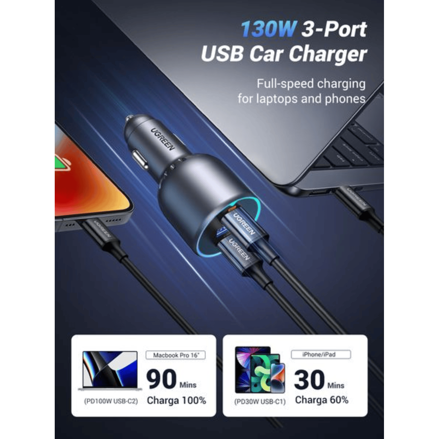 UGREEN 130W USB-C 3-port Car Charger-8
