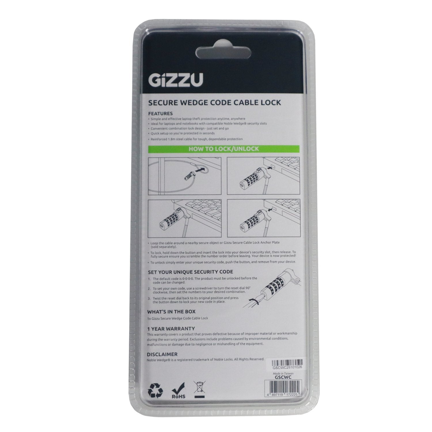 Gizzu 1.8m Wedge Combination Lock Security Cable-2