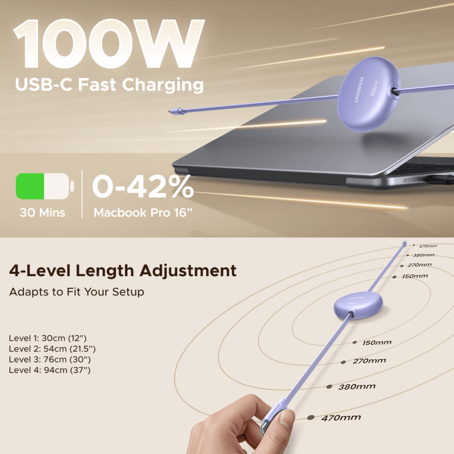 UGREEN 100W Fast Charging Retractable USB Type-C Cable 1M - Purple-2