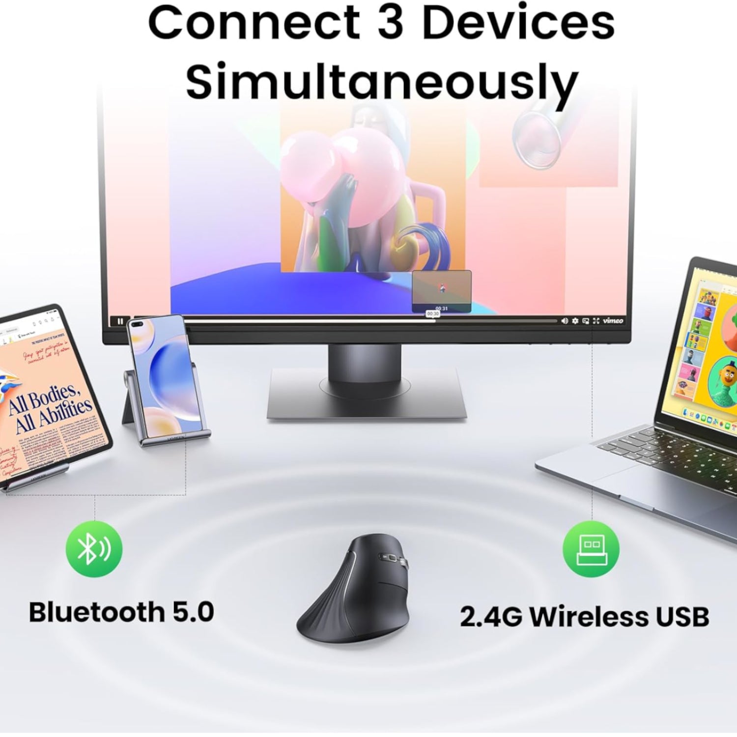 UGreen Multi-Mode Vertical Mouse Bluetooth and 2.4G Wireless–Black-4