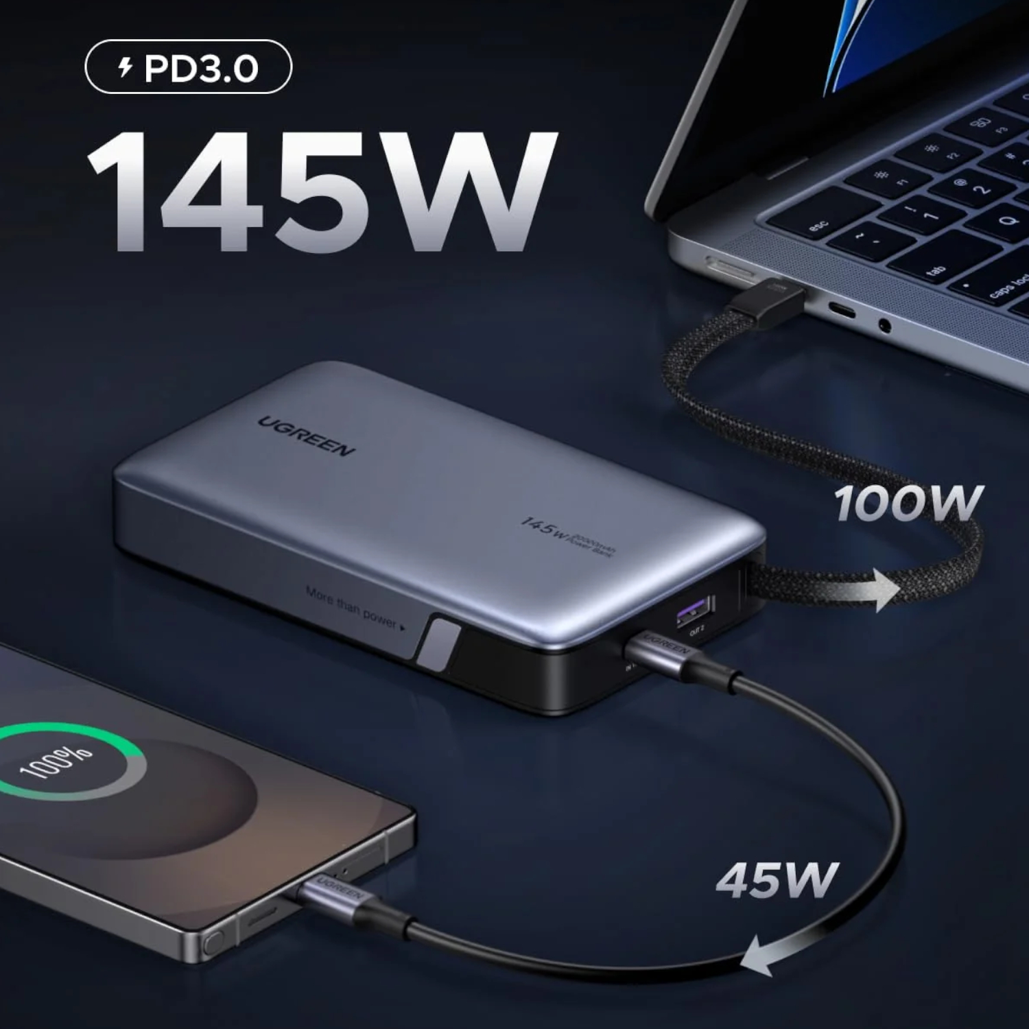 UGREEN Nexode 145W 20000mAh  Power Bank with built-in USB Type-C Cable-1