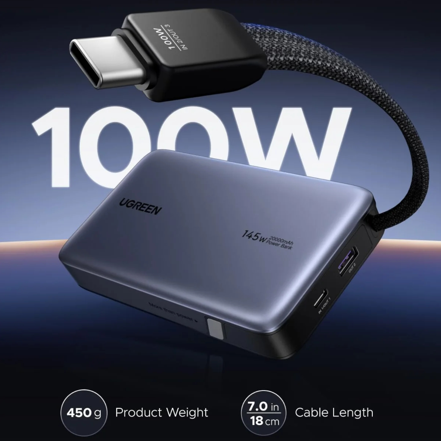 UGREEN Nexode 145W 20000mAh  Power Bank with built-in USB Type-C Cable-2