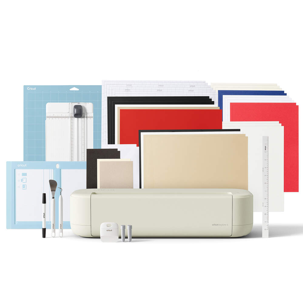 Cricut Explore 5 machine in Taupe/ Premium Fine Point Cutting Tool/ Scoring Tool/ Dual-Sided Marker (0.4mm & 1.0mm) in Black/ Light Grip Machine Mat  12in x 12in (30.5cm x 30.5cm)/ Bundled with: Card Mat  4.5in x 6.25in (11.4cm x 16.5cm)  Portab-0