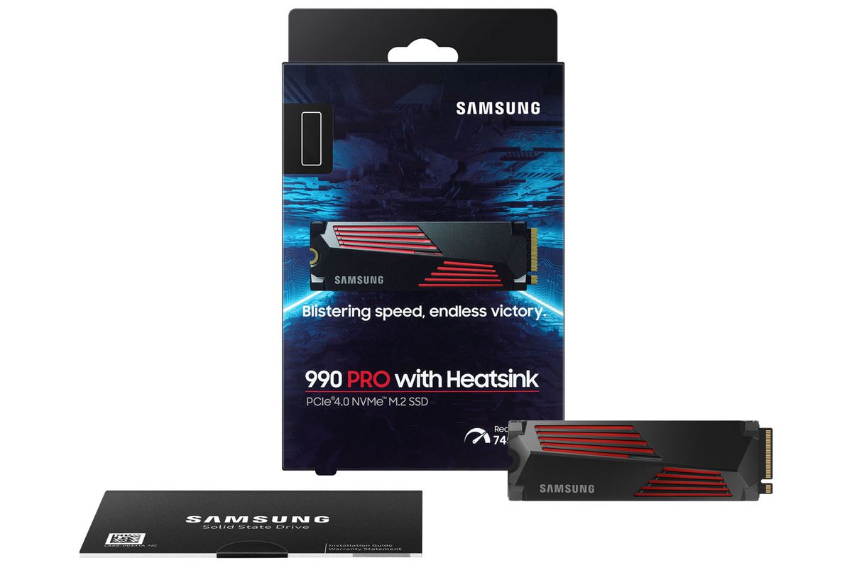 SAMSUNG MZ-V9P1T0CW 990 PRO 1 TB NVMe SSD W/Heatsink - Read Speed up to 7450 MB/s; Write Speed to up 6900 MB/s; Random Read up t