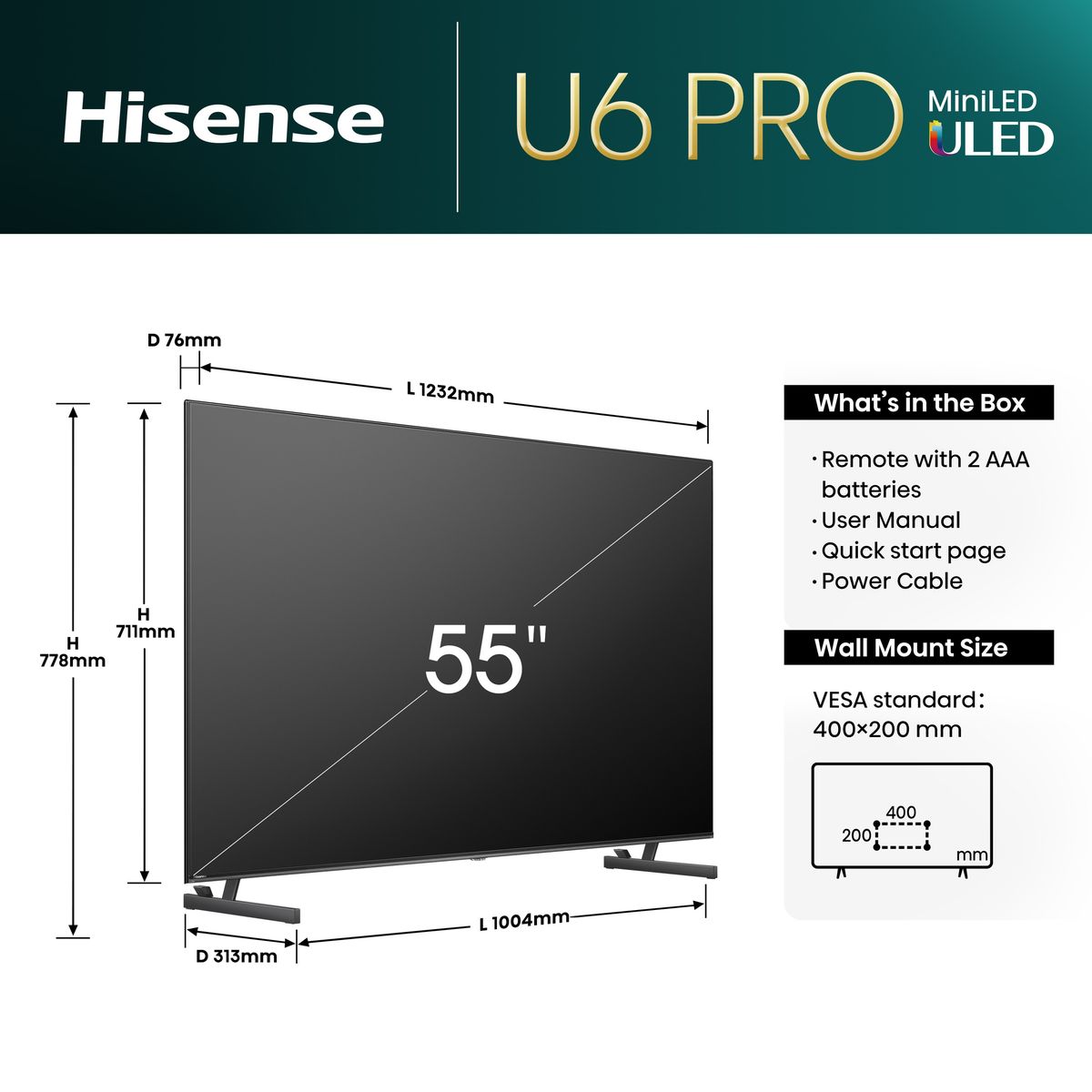Hisense 55" U6N PRO Mini-LED ULED 4K Smart TV with Dolby Atmos & HDR