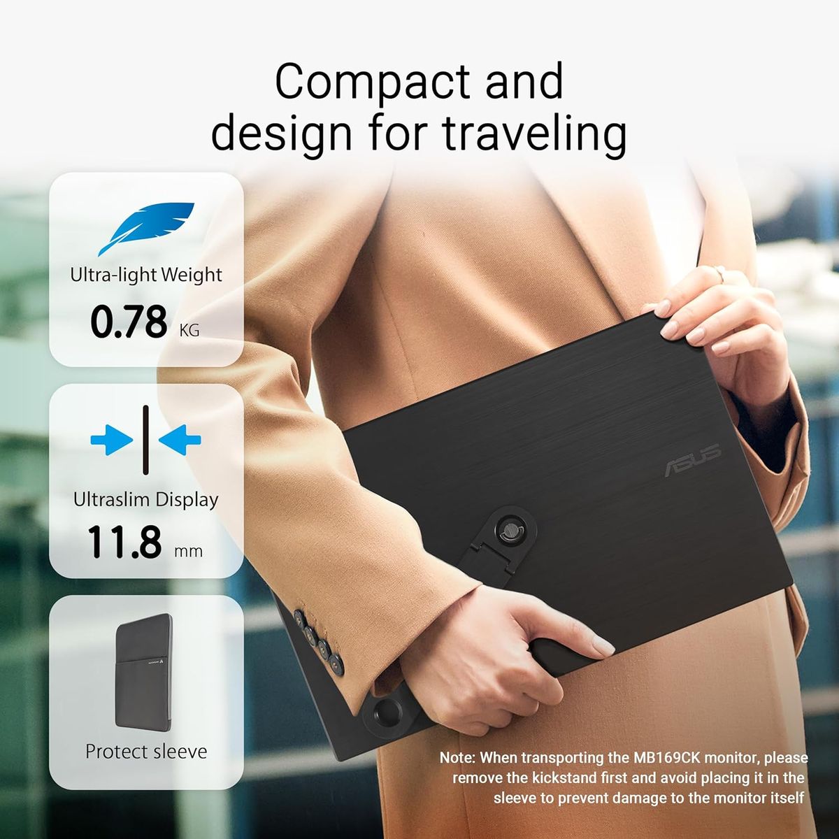 ASUS ZenScreen MB169CK Portable USB Monitor- 16 inch (15.6 inch viewable); Full HD; IPS; dual USB Type-C; Flicker Free; Blue Lig