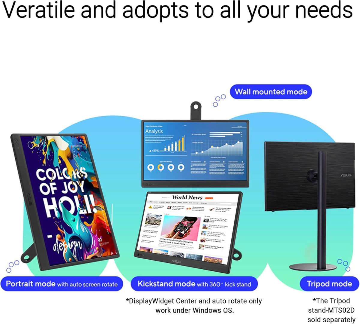 ASUS ZenScreen MB169CK Portable USB Monitor- 16 inch (15.6 inch viewable); Full HD; IPS; dual USB Type-C; Flicker Free; Blue Lig