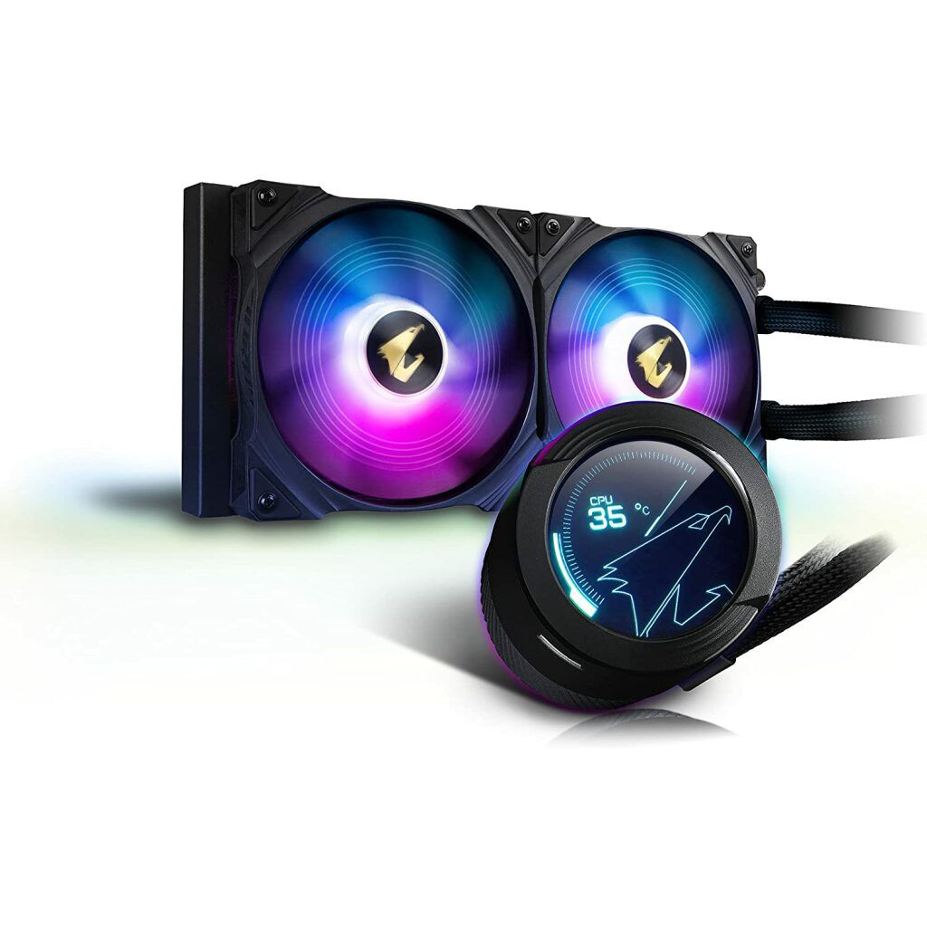 AORUS LIQUID COOLER 240; All-in-one Liquid Cooler with Circular LCD Display; RGB Fusion 2.0; Dual 120mm ARGB Fans.