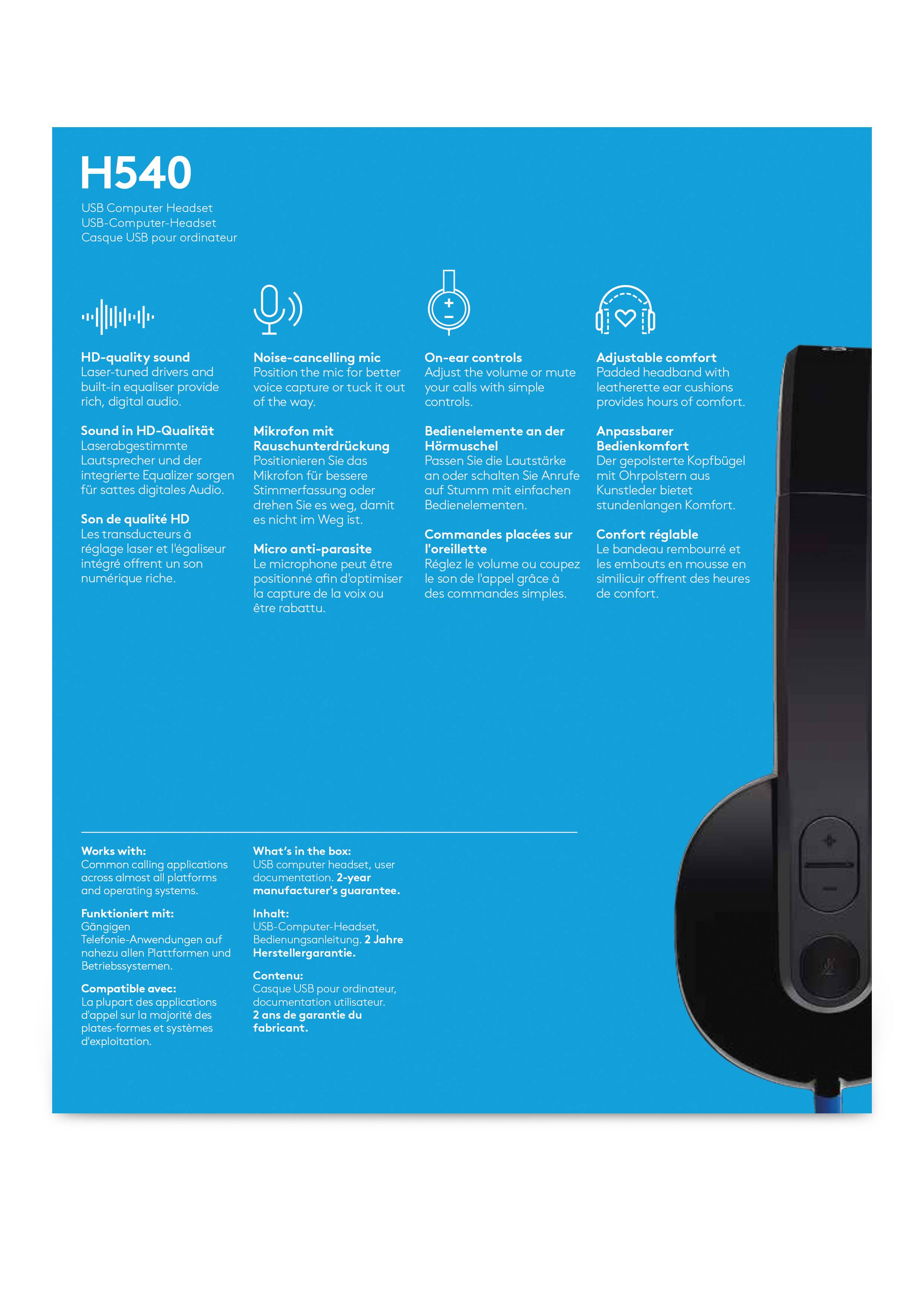 Logitech Headset H540 USB Headset Laser Tuned Drivers Comfortable Padding On Ear Audio Controls  Plug & Play