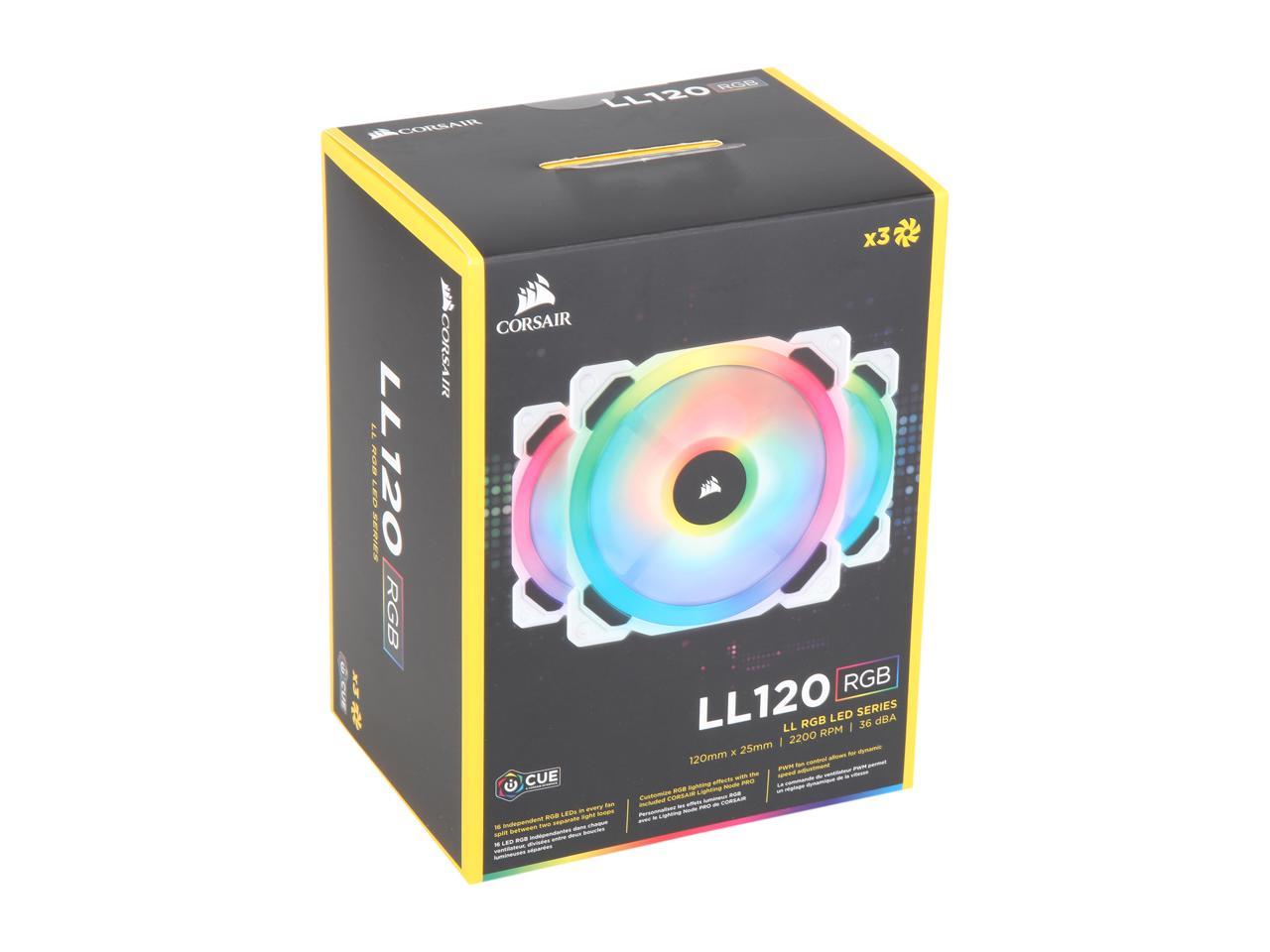 Corsair LL Series CO-9050092-WW LL120 RGB, 120mm Dual Light Loop RGB LED PWM Fan, 3 Fan Pack with Lighting Node PRO, White.