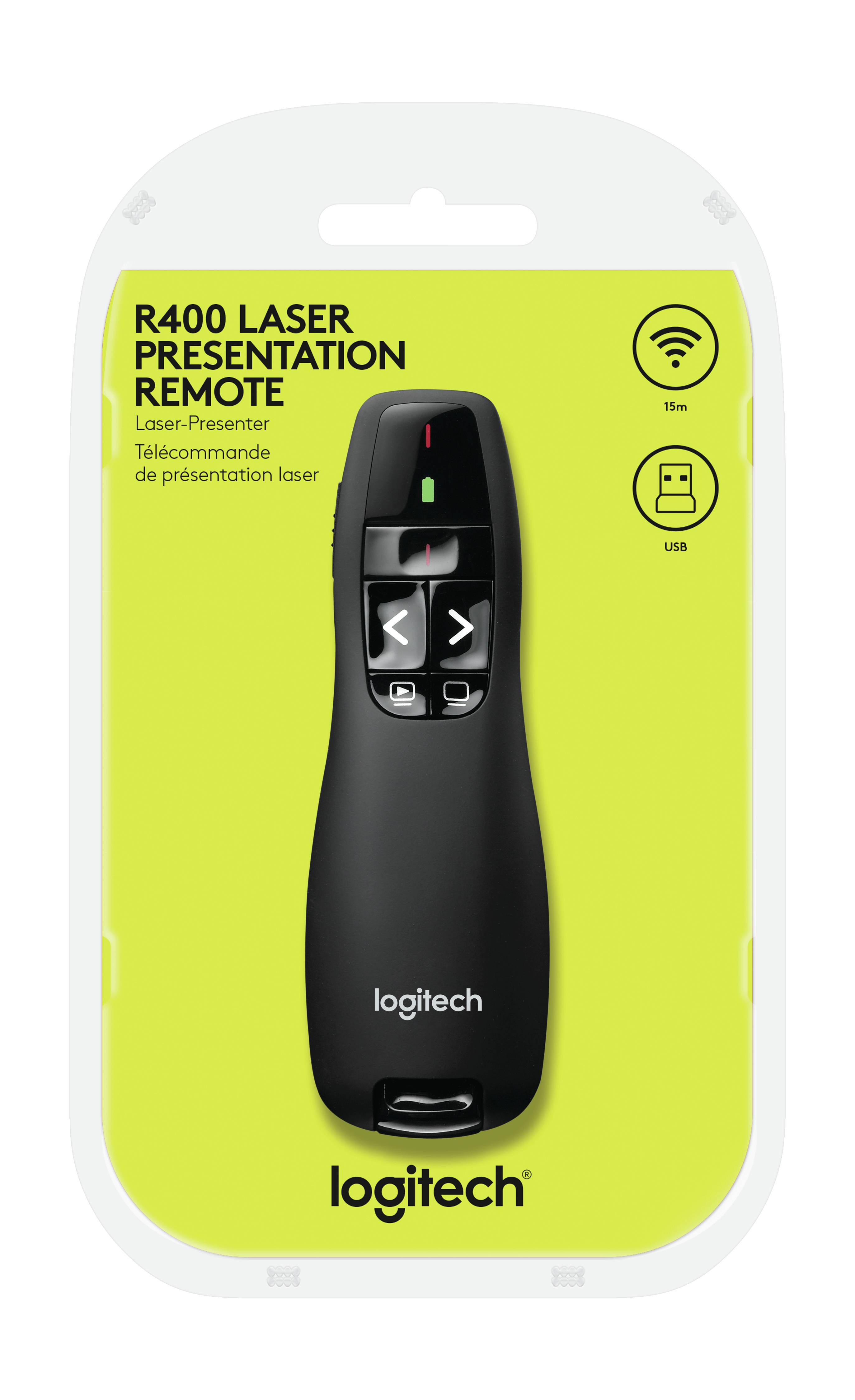 Logitech Wireless Presenter R400 Red Laser Pointer  Up to 15 metre (2 4GHz) range  storable plug and play wireless USB receiver
