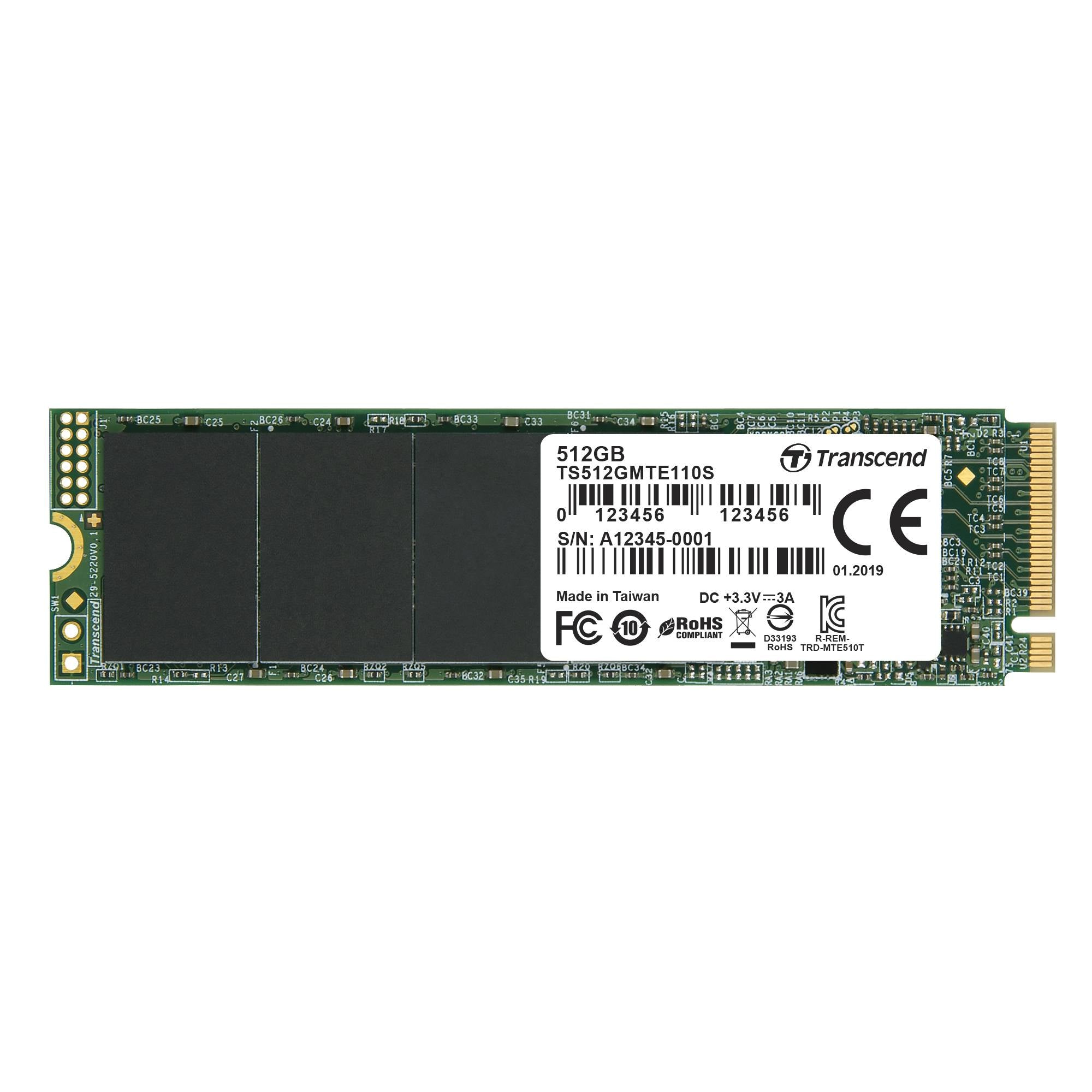 TRANSCEND MTE110S 512GB PCI-E M.2 2280 GEN 3X4 SSD - 3D TLC -DRAMLESS