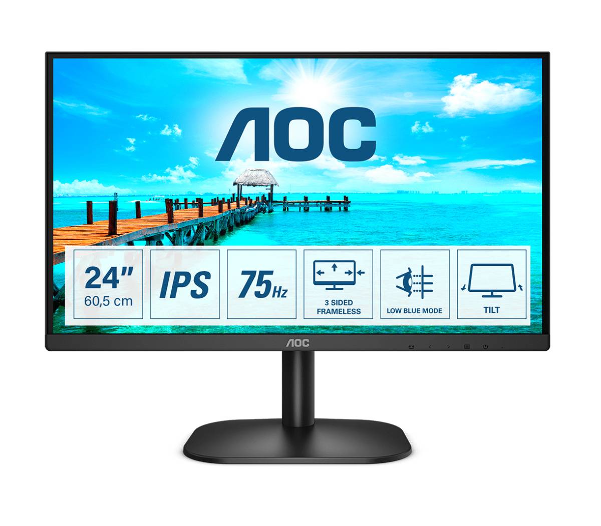 AOC Monitor 23.8â IPS Panel; 1920x1080@60Hz HDMI+VGA; earphone; Flicker free;VESA; 4 year warranty