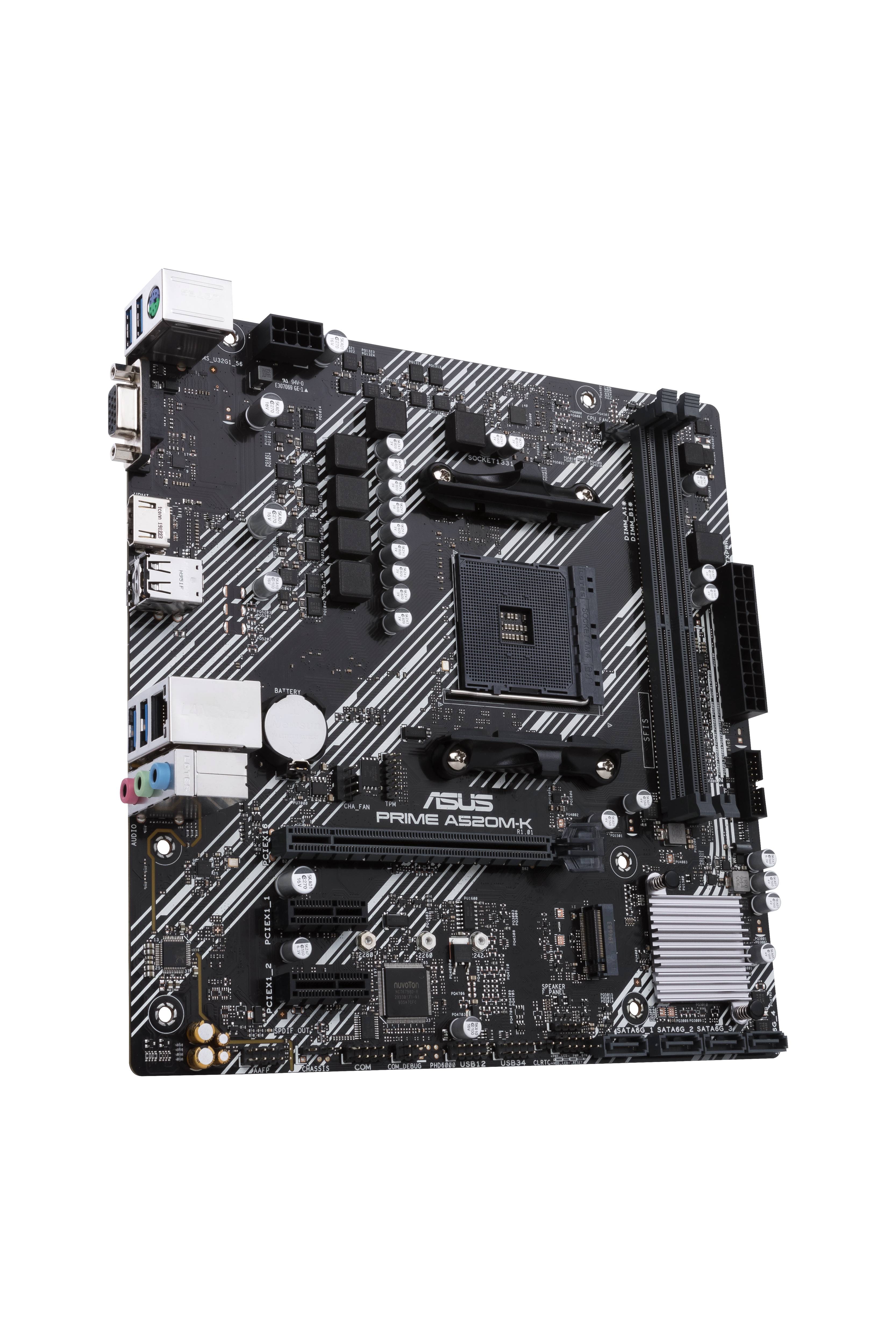 AMD A520 (Ryzen AM4) micro ATX motherboard with M.2 support; 1 Gb Ethernet; HDMI/D-Sub; SATA 6 Gbps; USB 3.2 Gen 1 Type-A