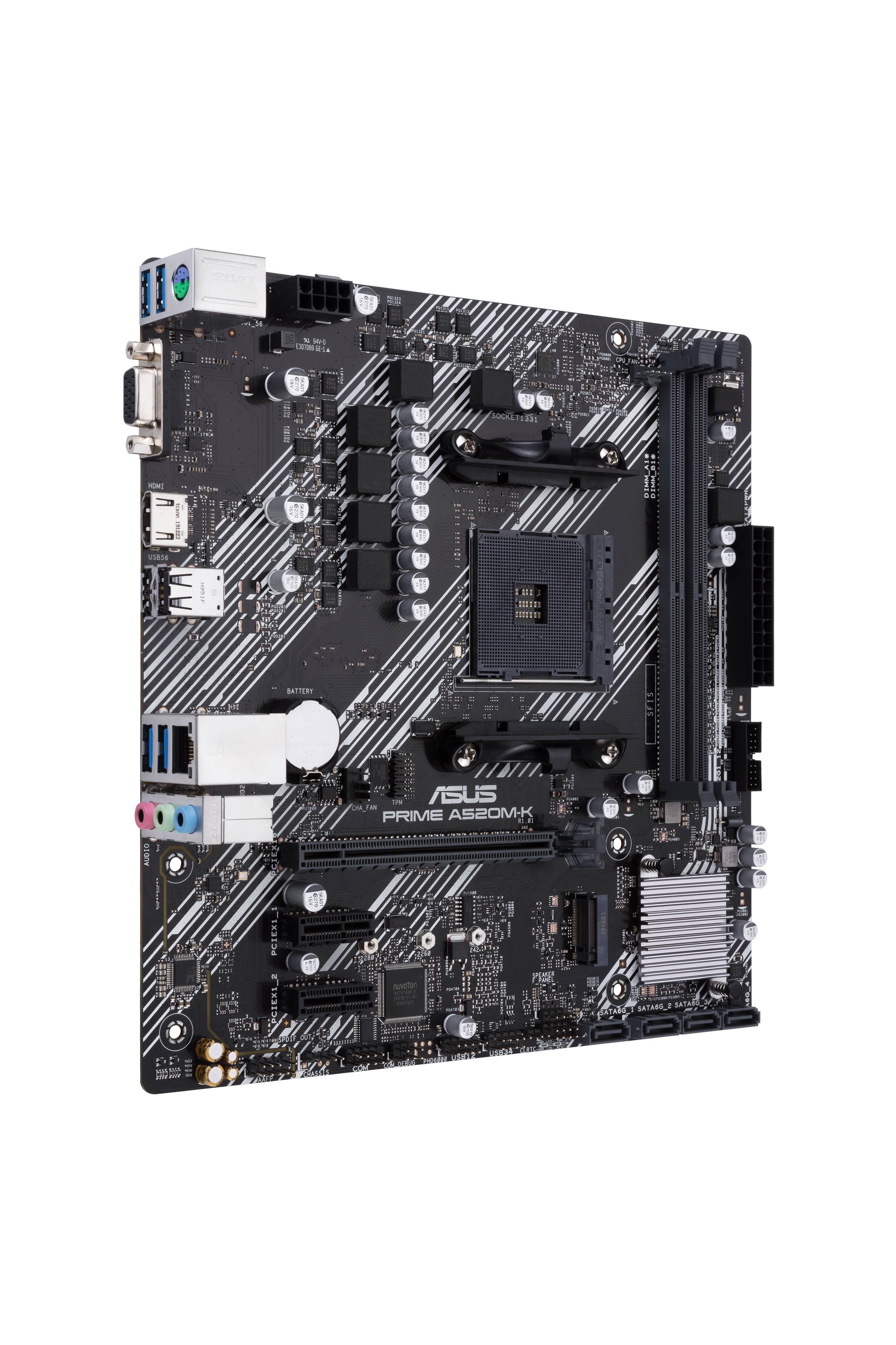 AMD A520 (Ryzen AM4) micro ATX motherboard with M.2 support; 1 Gb Ethernet; HDMI/D-Sub; SATA 6 Gbps; USB 3.2 Gen 1 Type-A