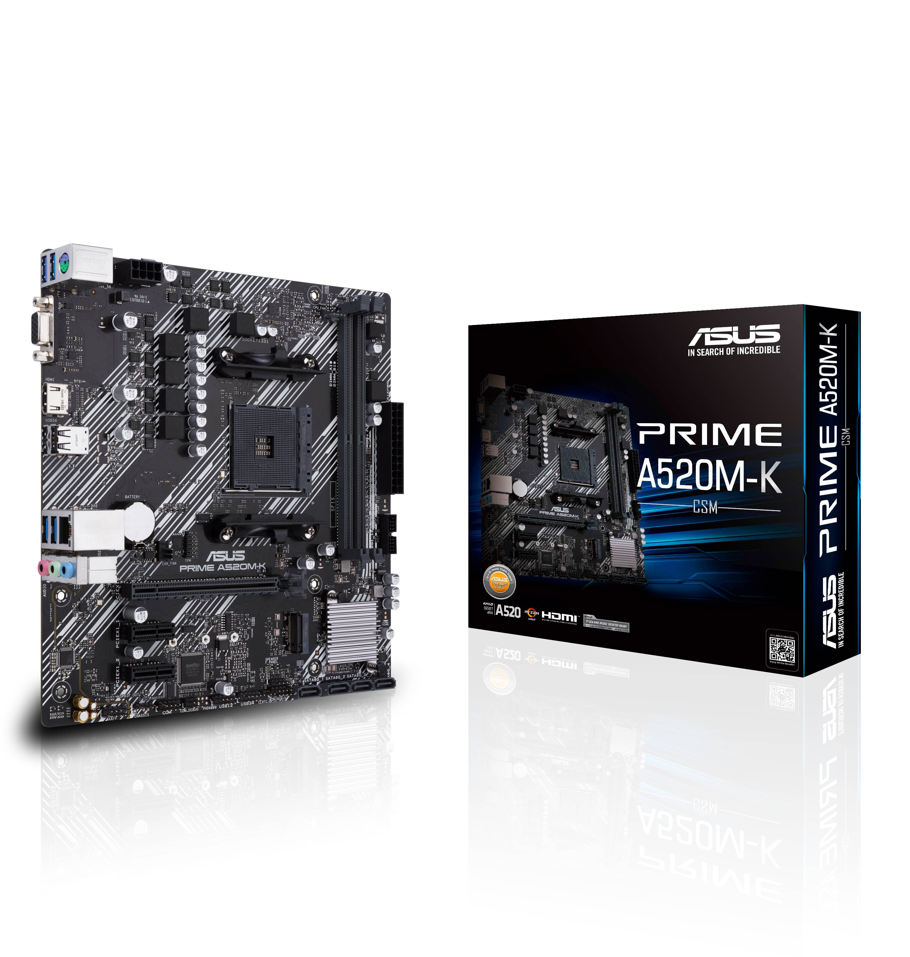 AMD A520 (Ryzen AM4) micro ATX motherboard with M.2 support; 1 Gb Ethernet; HDMI/D-Sub; SATA 6 Gbps; USB 3.2 Gen 1 Type-A
